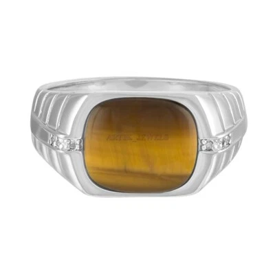 Piedra preciosa natural ojo de tigre con anillo de plata enchapado en oro blanco de 14K para hombre #1614 Foto 1 de 4