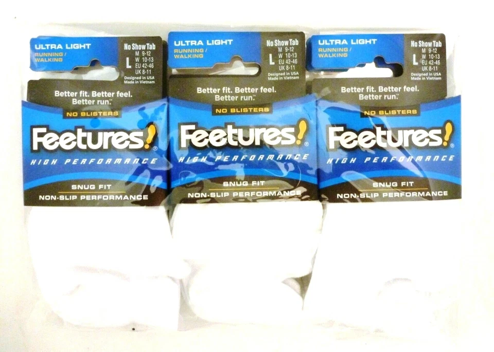 3 Pairs Feetures High Performance Ultra Light, No Show Tab, White, Large - Image 1 of 1