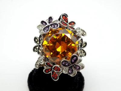 Stainless Steel Orange Glass Chunky Butterfly Flower Ring Sz 6.5 Statement - Image 1 of 4