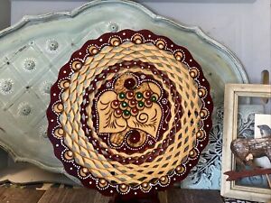 vintage wooden articulated dish hand painted Tray pyrography Bohemian 12”
