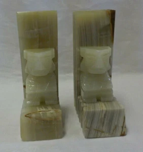 Onyx Agate Natural Stone Hand Carved Bookends Mid Century Aztec Mayan Figurines - Picture 1 of 12