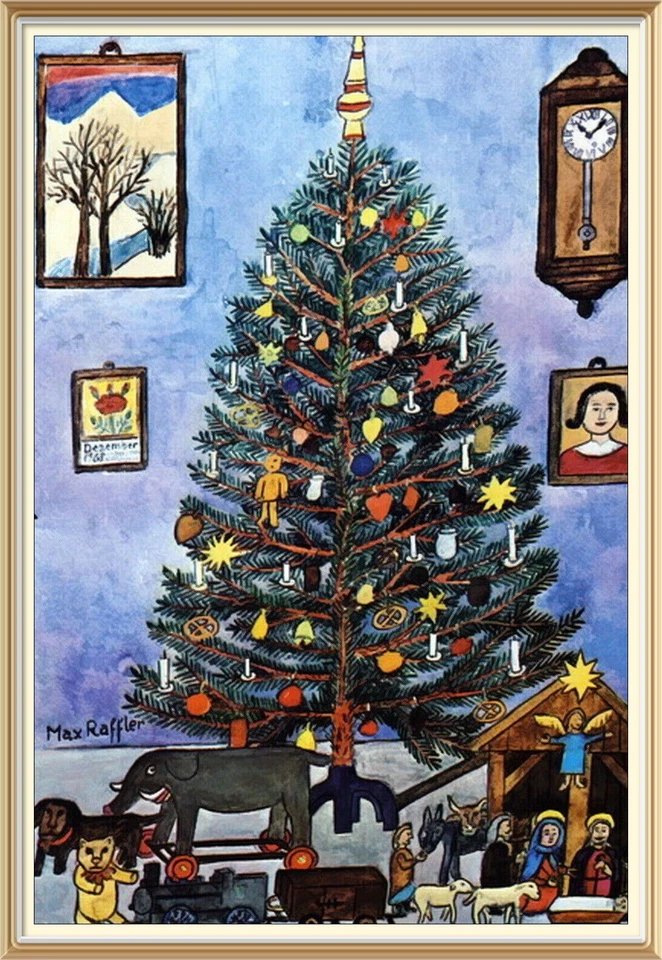 Original c1975 Vintage 50 años antiguo MAX RAFFLER impresión DIBUJO INFANTIL ÁRBOL DE NAVIDAD Foto 1 de 1