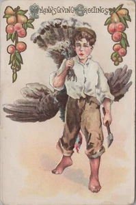 Thanksgiving Junge trägt Türkei über Schulter auf Rücken um 1910 Postkarte LP8 - Bild 1 von 2