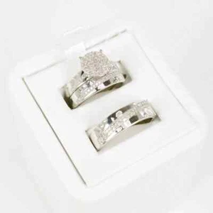His/ Her Round Lab Created Diamond Trio Wedding Ring Set 14K White Gold Plated - Picture 1 of 5