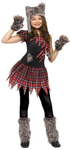Fun World Wild Werewolf w/ Hoodie and Plaid accent 4pc Girl Costume, Grey Red - Picture 1 of 2