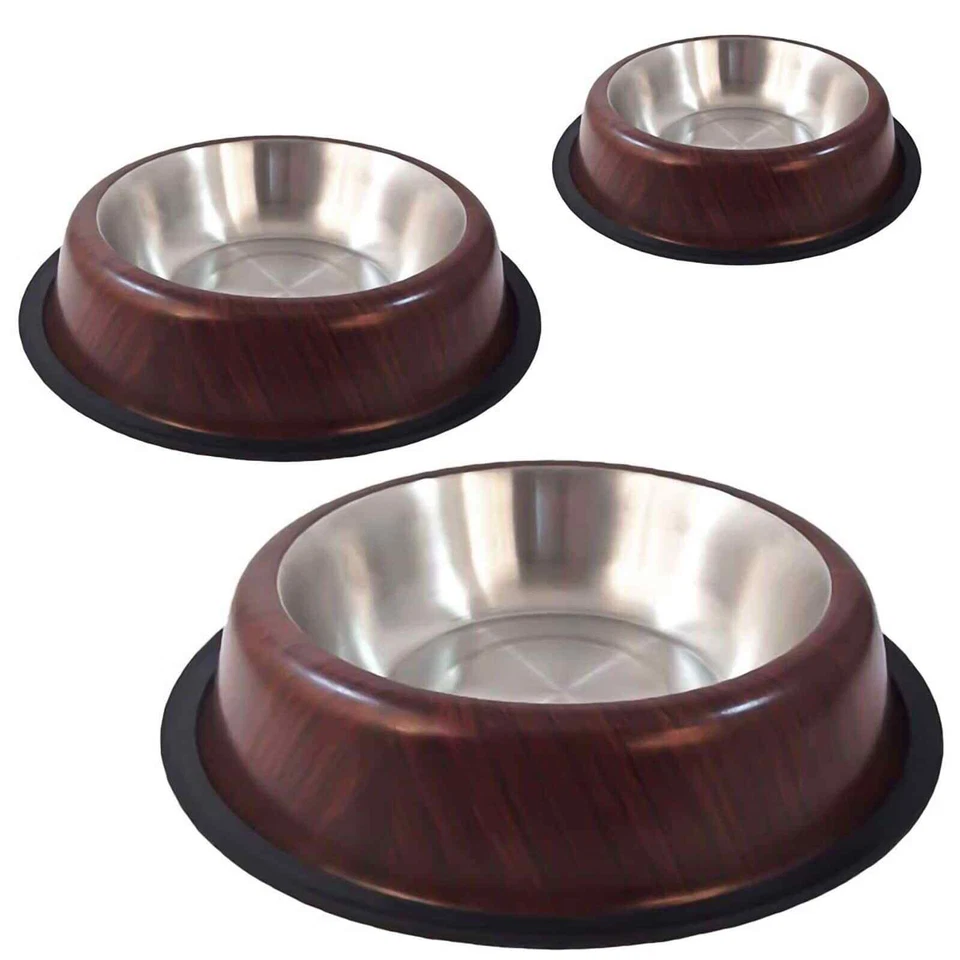 Edelstahl Futternapf Wassernapf mit Gummiring Rutschfest Hunde Katzen Napf Holz - Bild 1 von 1