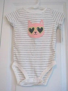 NWT 6 MO. CARTER'S BABY GIRL'S CREAM WITH GRAY STRIPES W/ PNK CAT S/S ONE-PIECE - Picture 1 of 3