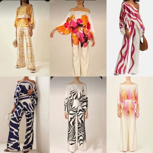 Women Clothing Printed Round Neck Loose Bat Sleeve Waist Wide Leg Pants Suit Uk - Picture 1 of 32