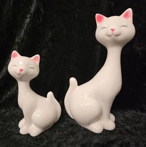 2 Ceramic LED Light-Up Cat 10" & 7" Figurines Statue White Pink Details - Picture 1 of 7