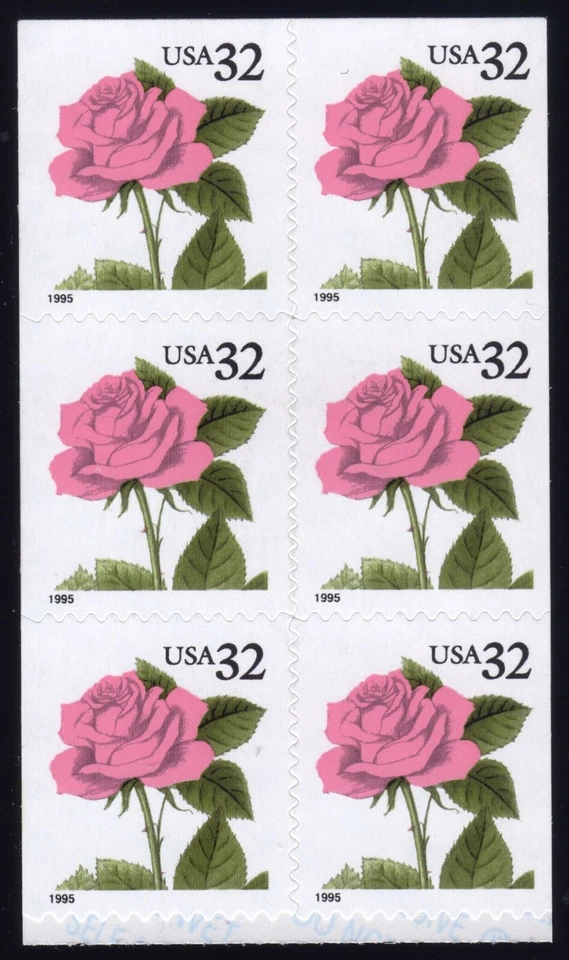 Scott #2492b Pink Rose Booklet Pane of 6 Stamps - MNH Top - Image 1 of 1