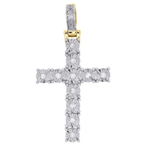 10K Yellow Gold One Row Cross 1.30" Genuine Diamond Pendant Prong Charm 0.20 CT. - Picture 1 of 5