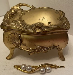 Antiguo ataúd de joyería Art Nouveau era victoriana caja de baratijas forro rosa dorado - Imagen 1 de 12