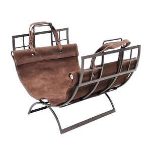 20.5 In. L Roman Bronze and Brown Arts and Craft Firewood Rack with Suede Carrie - Picture 1 of 4