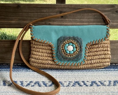 ✅Cato Straw Shoulder Bag Purse Faux Turquoise Beads Removable Strap to Clutch - Image 1 of 4