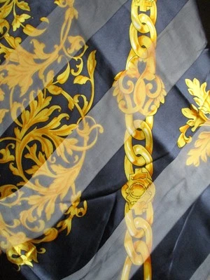 Tie Rack Art of Silk Blue Scarf Gold Scrolls Stripes Chain Links JAPAN Vintage - Image 1 of 4