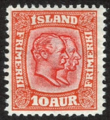 ICELAND 1907-08, SC-76, F MHR* 10 aur P-13, Two Kings  scv $150.00  *Bay Stamps* - Image 1 of 2