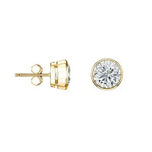 2.50 Ct Round Earrings Studs Solid 14K Yellow Gold Brilliant Cut Push Back Bezel - Picture 1 of 3