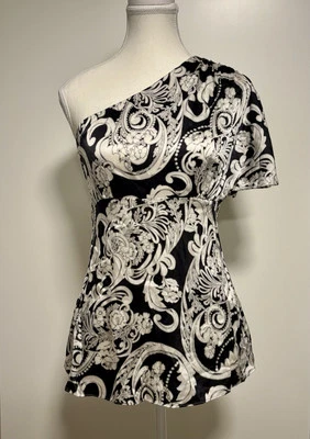 Cache Small One Shoulder Black Ivory Silk Satin Stretch Top Split Flutter Sleeve - image 1 of 4