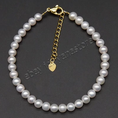 Natürlich Glanz 5-6mm Rund Echte Weiß Süßwasser Perle Armband 7.5 Zoll - Bild 1 von 4