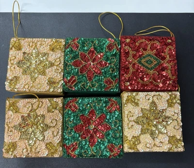 6 Red & Gold & Green Sequin Gift Box Square Decorative Holiday Decor - Image 1 of 4
