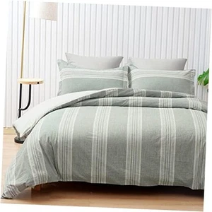 100% Washed Cotton Duvet Cover Set Queen Size, Queen(90"x90") Green Beige - Picture 1 of 7