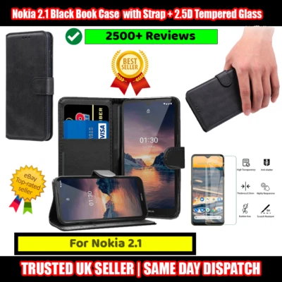 Nokia 2.1 Black Book Case Flip with Strap + 2.5D Tempered Glass Protector - Image 1 of 4