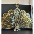 Art Nouveau Brass Peacock Tail Fireplace Screen Fan Shape with Gargoyle