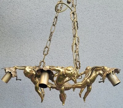 Antique lustre lampe suspension plafonnier anges angelots chérubins puttis - Photo 1/4