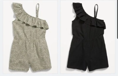 2PK Old Navy Girls Ruffled One-Shoulder Romper Safari Olive Dots & Black XS 5 - Image 1 of 4