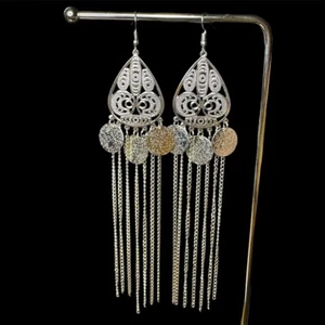 Up-cycled / Handmade From Vintage Pieces Long Silvertone Boho Style Earrings - Picture 1 of 3