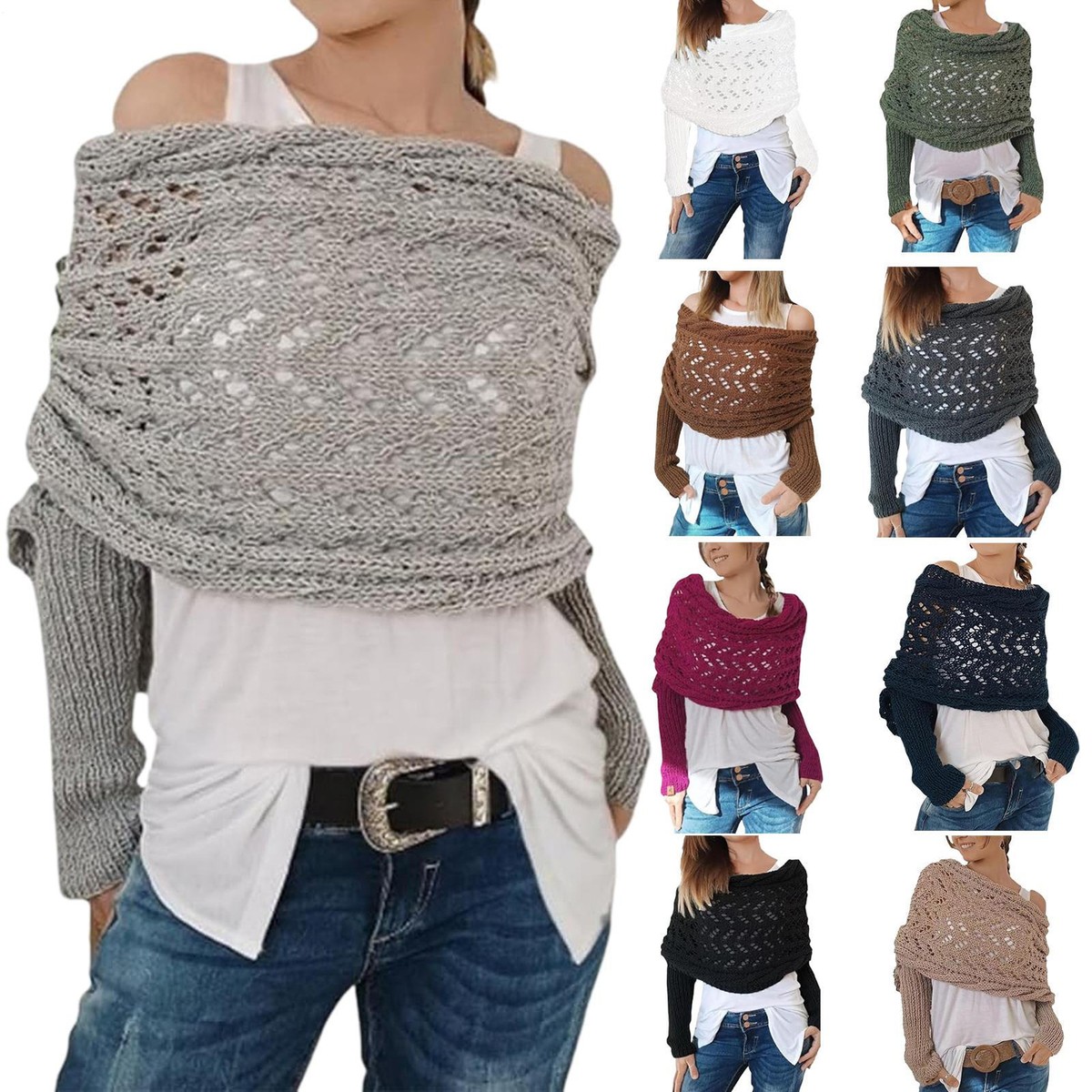 Chal Con Mangas De Punto Para Mujer - Envoltura De Bufanda Gruesa De Invierno, Talla Única, Color Gris Claro
