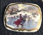Vintage Currier & Ives Porcelain Ice Skating Winter Scene Brooch Victorian Scene