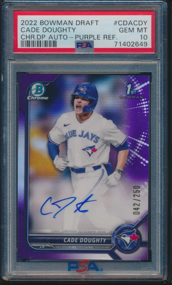 PSA 10 CADE DOUGHTY AUTO 2022 1st Bowman Chrome PURPLE REFRACTOR/250 RC GEM MINT - Image 1 of 1