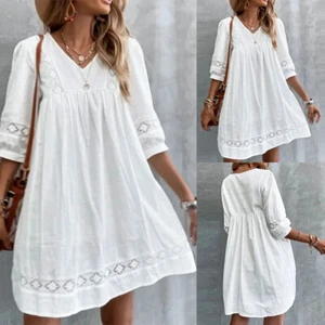 Women Casual V Neck Cotton Linen Sundress Ladies Summer Holiday Beach Mini Dress - Picture 1 of 12