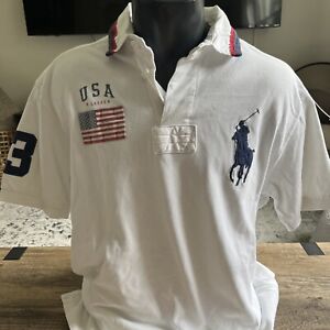 Polo Ralph Lauren USA Flag Big Pony Rugby Vintage Mens White Shirt Sz L EUC