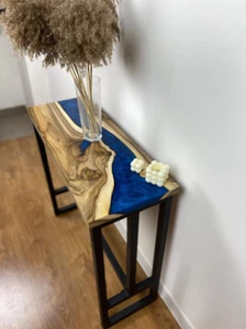Epoxy Resin Wood Console Table, Live Edge Entryway Table, Narrow Walnut Sofa Tab - Picture 1 of 18