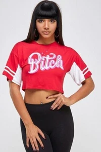 Cursive Neon Pink Bitch Graffiti Crop Top Red White Black Loose Fit Shirt S M L - Picture 1 of 10