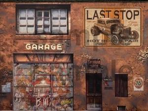 1:64 S SCALE SCRATCH BUILD BUILDING HOT ROD GARAGE BACKDROP STICKER EASY DIORAMA - Picture 1 of 1