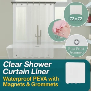 Clear Shower Curtain Liner 72x72 Waterproof PEVA Plastic & 3 Magnets & Grommets - Picture 1 of 7
