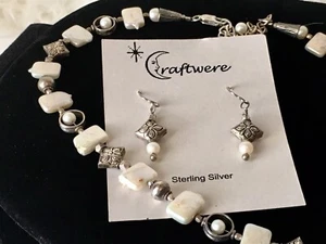 Vintage Sterling Silver Round & Square Baroque Pearl Necklace & Earring Set - Picture 1 of 19