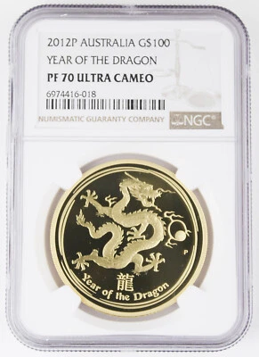 Australia 2012 1 Oz Gold $100 Year of Dragon Proof Coin NGC PF70 UC Series II - Image 1 of 4