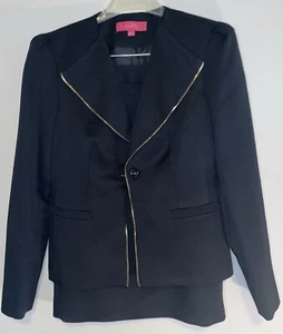 NINE & Co Black Suit Jacket & Skirt Gold Zipper Chain Button Textured Fabric WOW - Picture 1 of 10