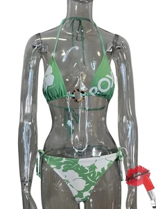 Roxy Tiki Tri Bikini Women Large Zephyr Green Floral Two Piece Swimsuit Beach - Picture 1 of 10