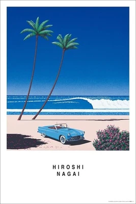Hiroshi Nagai Poster BLUE CAR AND THE BEACH Special Mirror Coat TX-1856 Japan - Bild 1 von 3