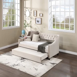 Beige Velvet Twin Upholstered Daybed with Trundle - Solid Wood Frame, Twin Size - Picture 1 of 5
