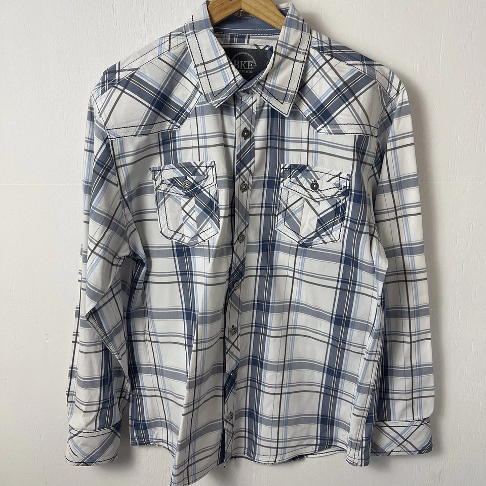 Camisa BKE Para Hombres Manga Larga Con Botones Gris A Cuadros Azul Talla XL Calce Atlético Foto 1 de 4