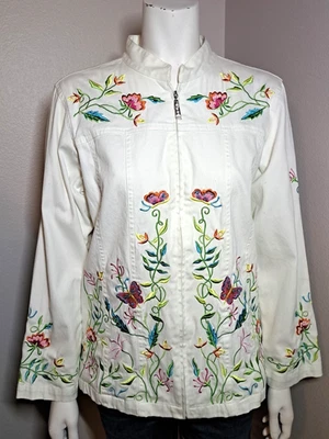 Quacker Factory White Embroidered Jacket M Zip Front Flowers Butterflies Beaded - Image 1 of 4