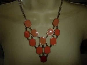 "C" SIGNE "V" SHAPE DANGE SALMON & ORANGE ENAMEL GOLD TONE BIB NECKLACE #5/19 - Picture 1 of 6