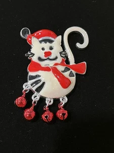 Vintage Silver Tone Christmas Bell Kitty Cat Brooch Pin - Picture 1 of 10