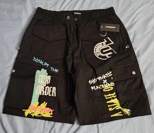 DYSORDER Pattern Trendy Black Shorts Patchwork Design Mens XL NWT - Picture 1 of 13